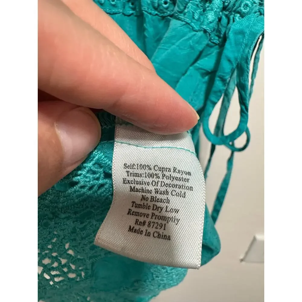 Johnny Was Teal Cupra Rayon Embroidered Cinch Waist Tunic Top Size S 3/4 Sleeve